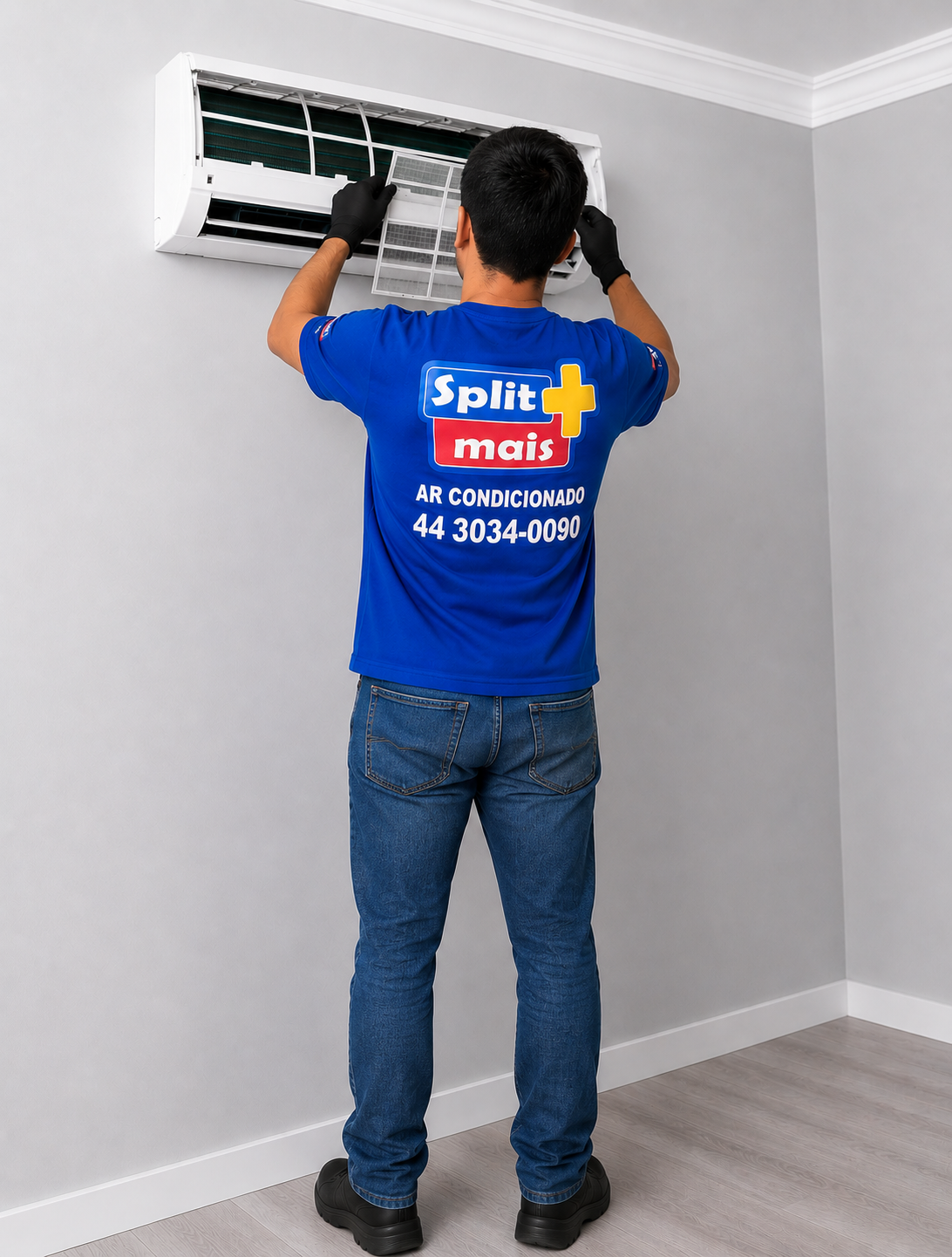 Técnico uniformizado da Split Mais em atendimento de ar-condicionado